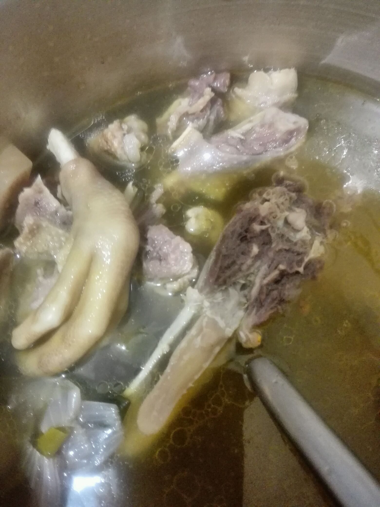 炖锅掺清水烧开,下鹅肉,拍破的老姜,大葱,炖2小时